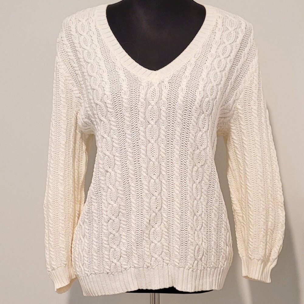 White Cable Knit 3/4 Length Sleeve V-Neck Ralph Lauren Sweater